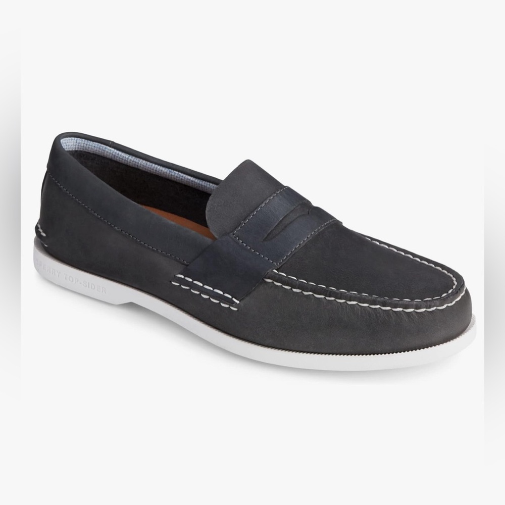 Sperry Men's Authentic Original Plushwave Penny Boat Shoe Leather, Navy/WHT, 8 M